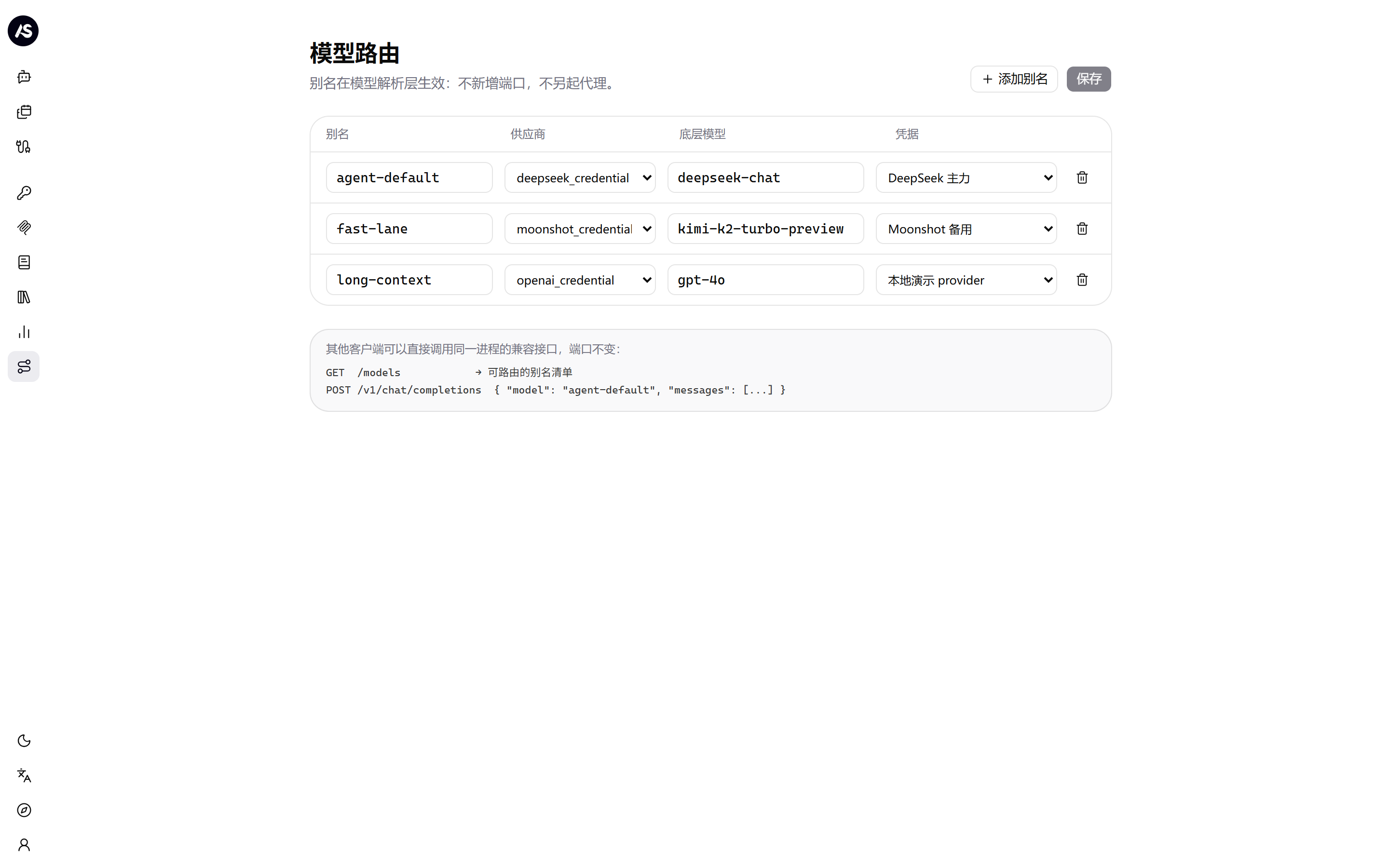 模型路由别名表：每行列出别名、供应商、底层模型与所用凭据
